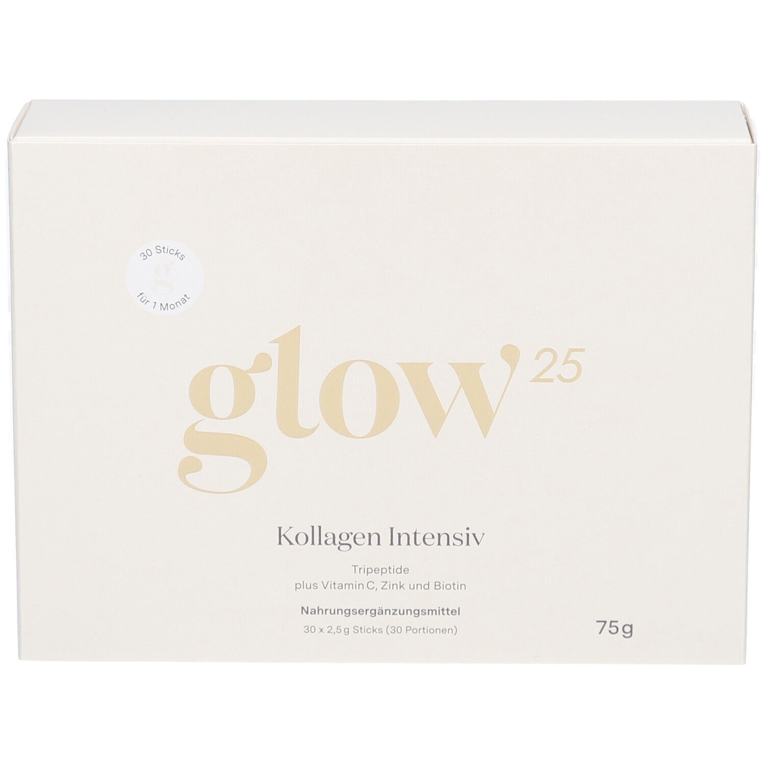 Weiße Produktverpackung mit goldfarbenem Schriftzug Glow25, Kollagen Intensiv. Enthält 30 Sticks. 75g.