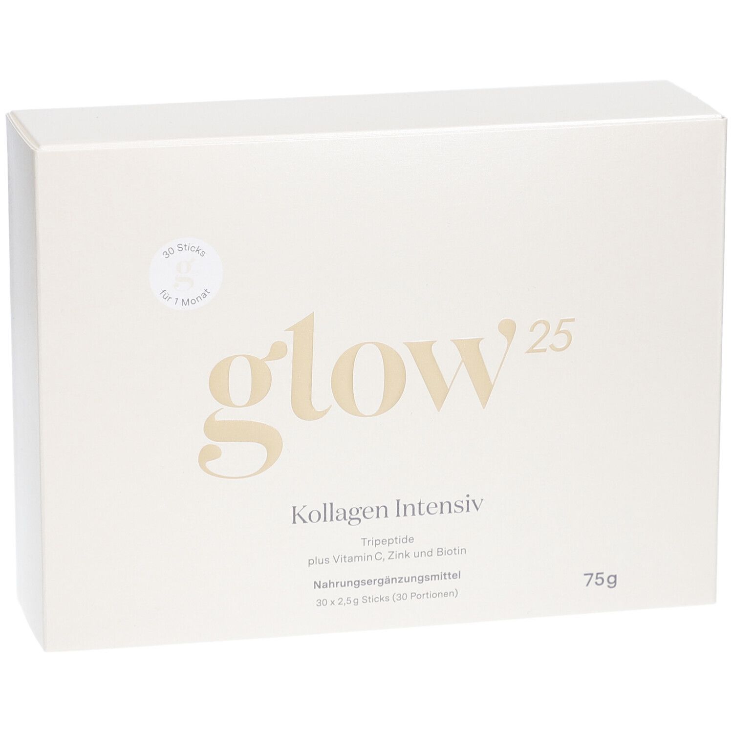 Weiße Produktverpackung mit goldfarbenem Schriftzug Glow25, Kollagen Intensiv. Enthält 30 Sticks. 75g.