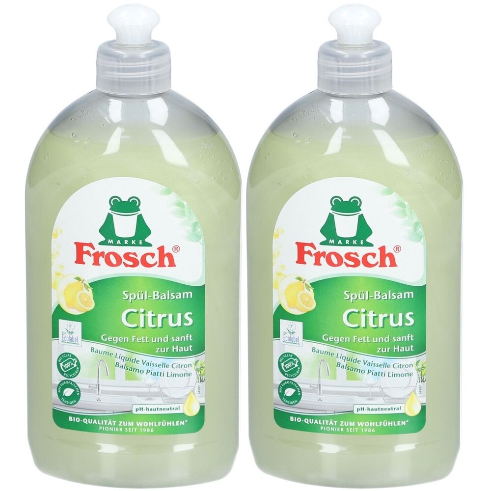 Zwei Flaschen Spül-Balsam Citrus. Grünes Etikett mit Frosch-Logo und Produktbezeichnung. Enthält Text in Deutsch, Französisch und Italienisch.