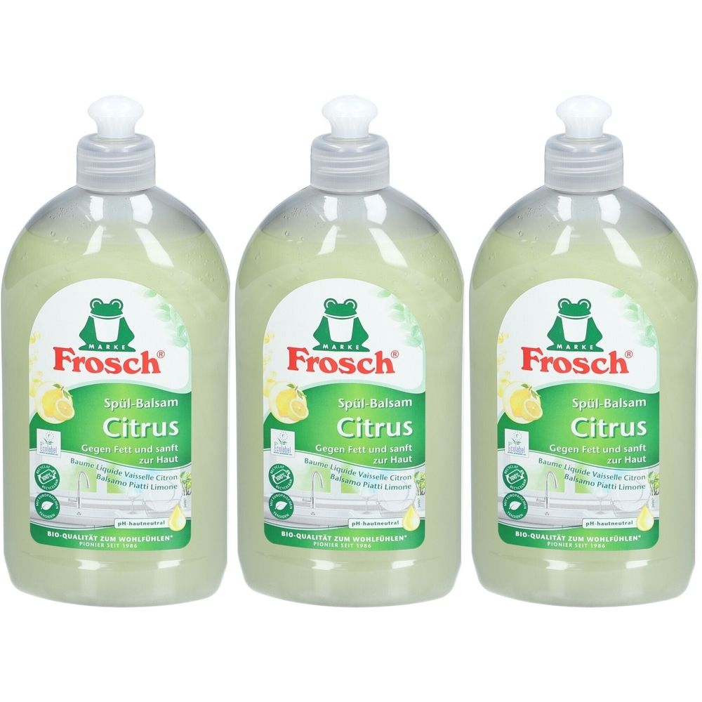 Drei Flaschen Spül-Balsam. Jede Flasche hat einen grünen Hintergrund mit dem Logo Frosch und der Aufschrift Citrus. Die Flaschen haben einen weißen Deckel.