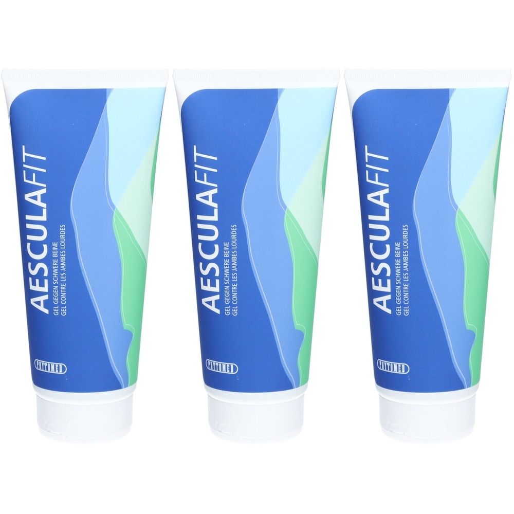 Drei Tuben Aesculafit-Gel. Blaue und weiße Tuben mit grünen und blauen Wellen. Aufschrift: AESCULAFIT, Gel gegen schwere Beine.