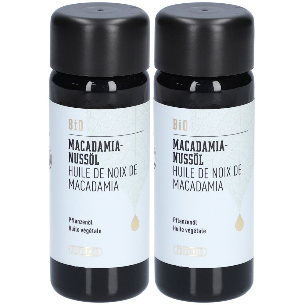 Zwei Flaschen mit schwarzem Deckel. Auf den Etiketten steht: Macadamia-Nussöl, Bio. Pflanzenöl. Tropfen-Illustration.