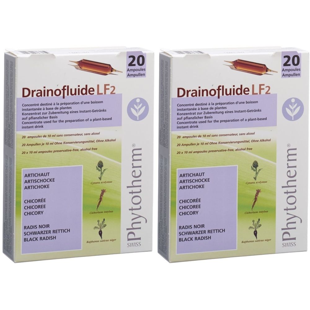 Zwei Kartons mit "Drainofluide LF2" und "Phytotherm"-Logo. Enthält 20 Ampullen. Aufschrift mit Inhaltsstoffen: Artischocke, Chicorée, Schwarzer Rettich.
