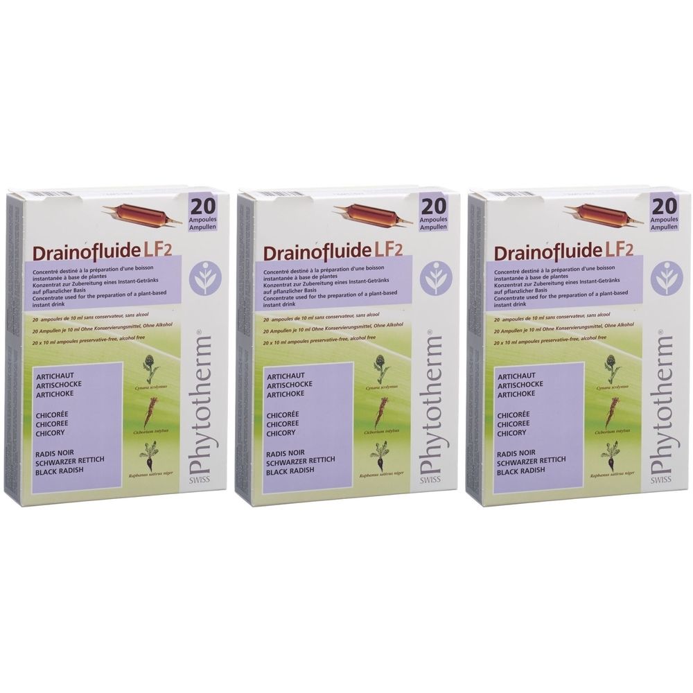 Drei Schachteln mit Produkt Drainofluid LF2. Jede Schachtel enthält 20 Ampullen. Auf jeder Schachtel sind Zutaten und der Markenname Phytotherm zu sehen.