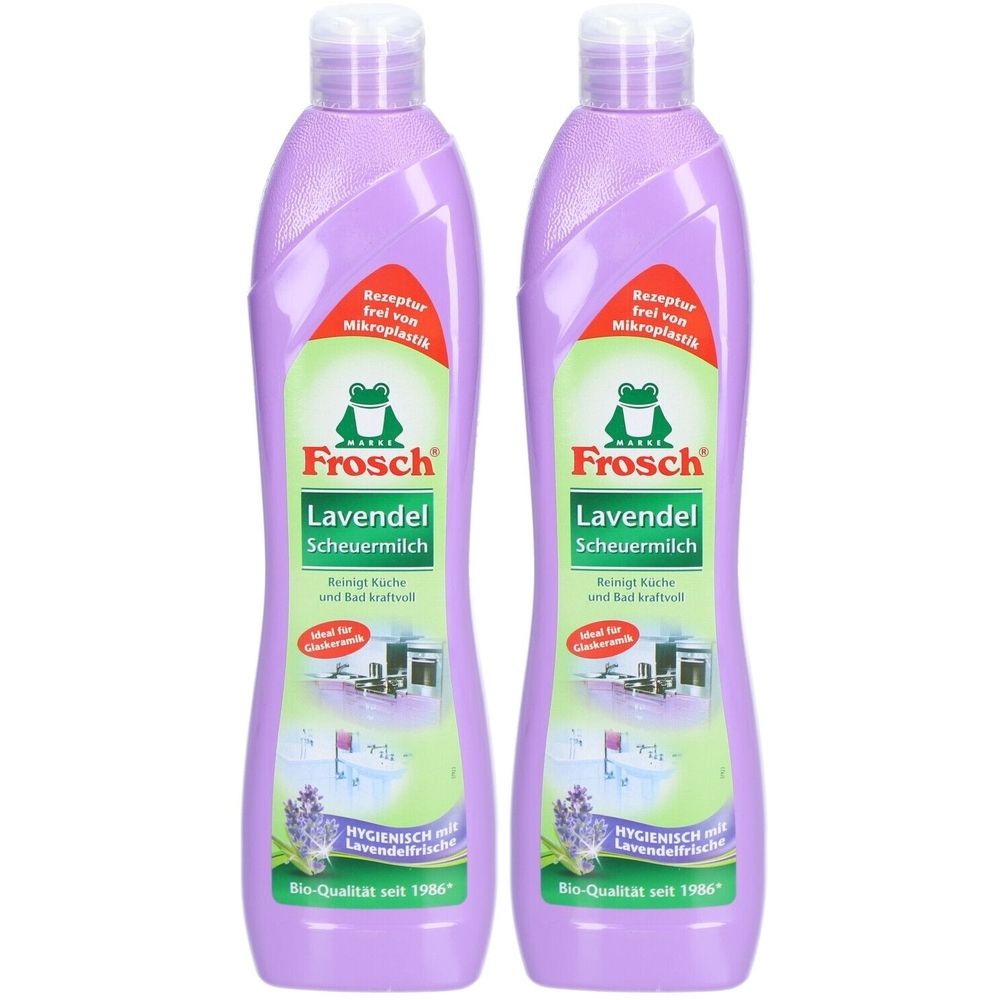 Zwei lilafarbene Flaschen mit weißem Deckel. Aufdruck: Frosch Lavendel Scheuermilch. Hygienisch mit Lavendelduft. Bio-Qualität seit 1986.