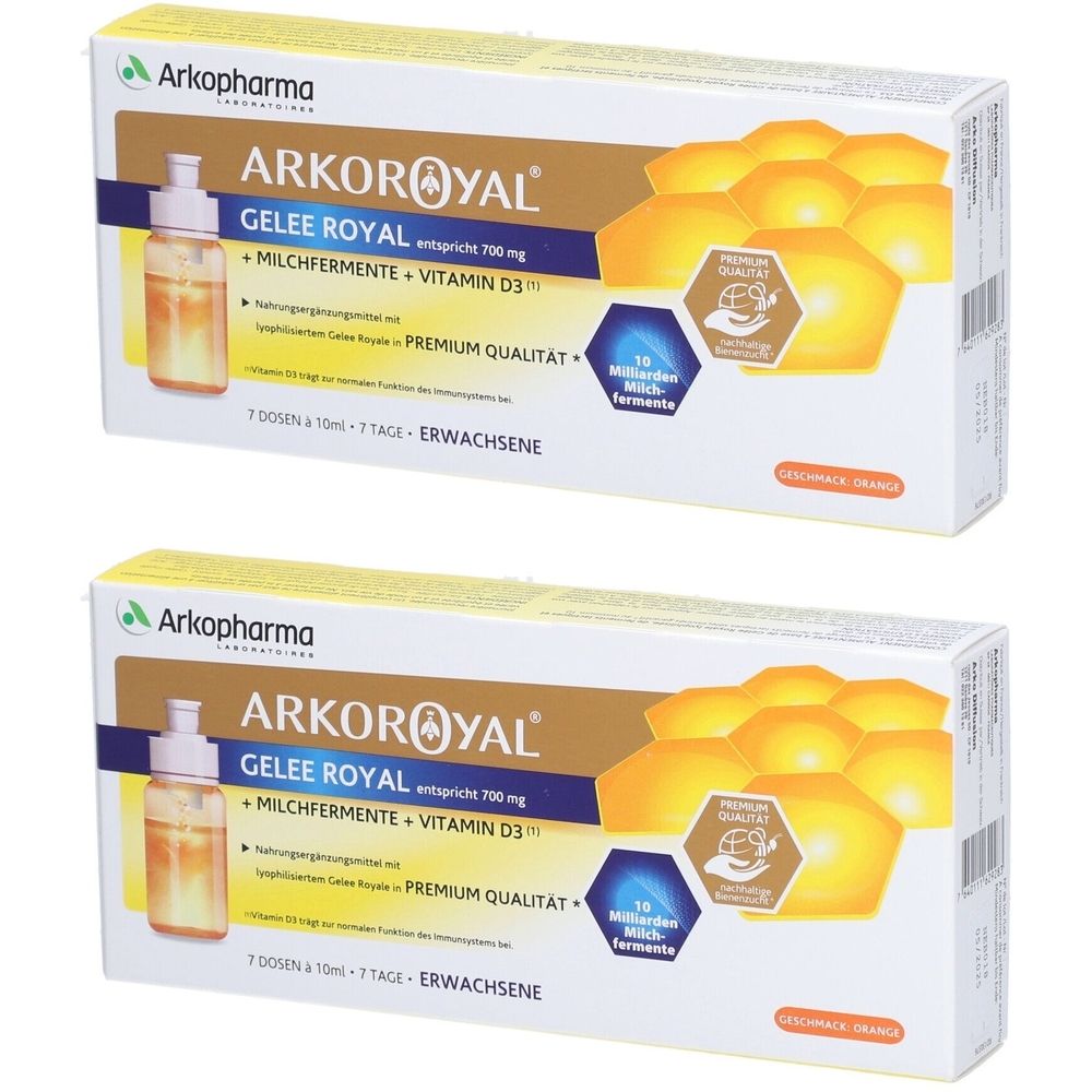 Zwei Schachteln mit Produktaufdruck. Aufschrift: ARKOROYAL, Gelee Royal, Milchfermente + Vitamin D3. Premium Qualität. 7 Dosen.