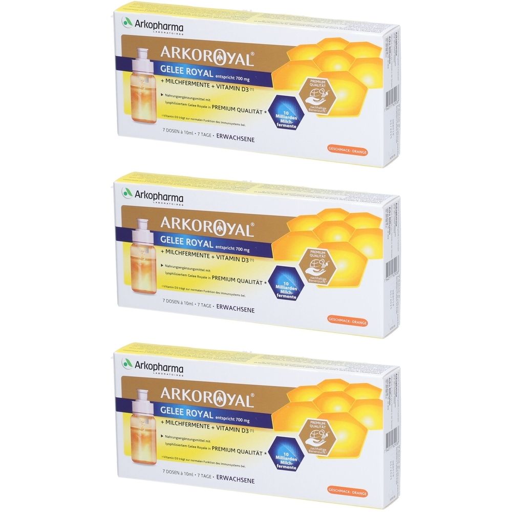 Drei Schachteln ARKOROYAL. Auf jeder Schachtel: Gelee Royal, Milchfermente, Vitamin D3. Gelbe Waben und Fläschchen-Abbildung.