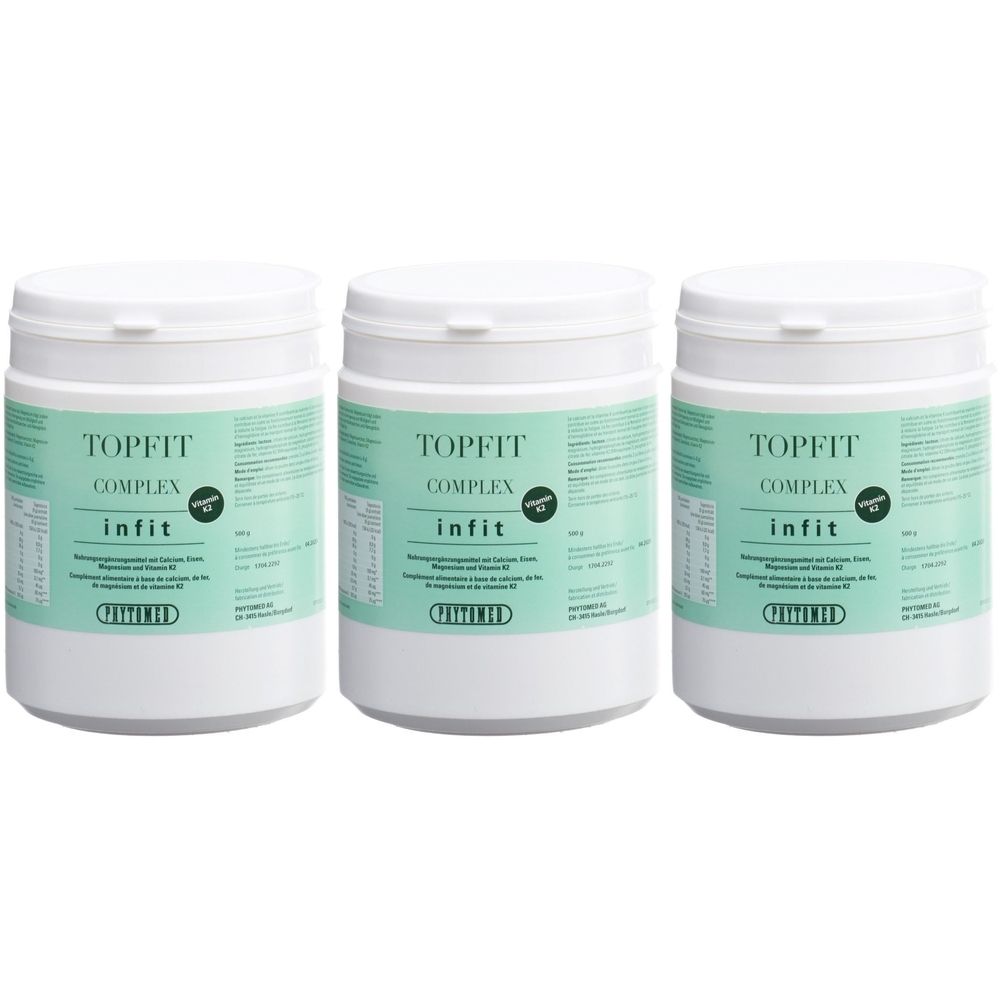 Drei weiße Behälter mit "TOPFIT COMPLEX infit" Etikett. Enthält Vitamin K2.