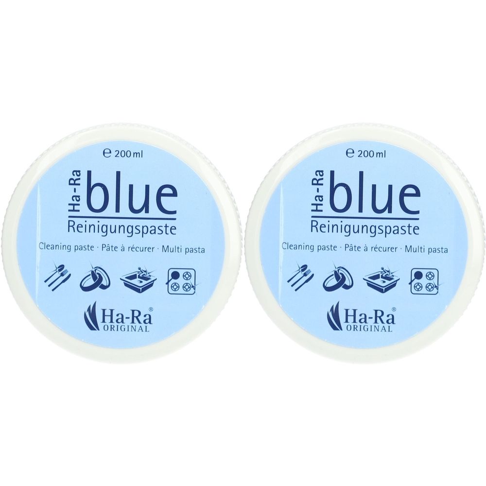 Zwei runde Behälter mit blauem Deckel. Aufschrift "blue Reinigungspaste" und "Ha-Ra ORIGINAL".