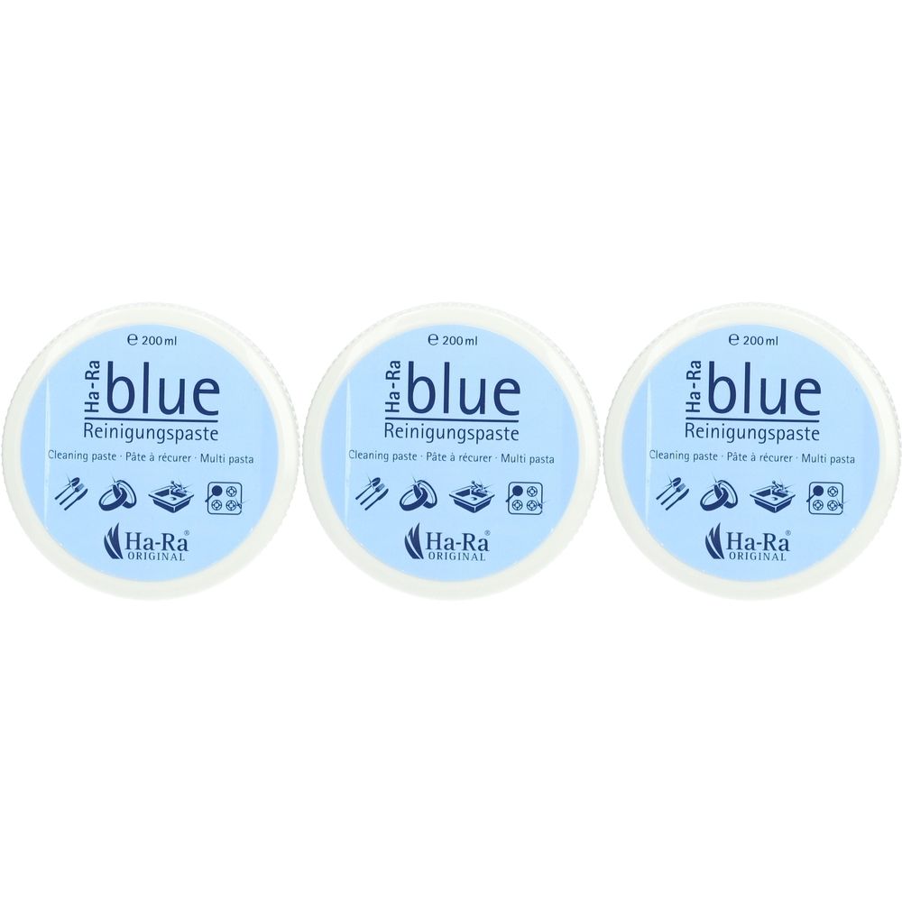 Drei runde Behälter mit blauem Deckel. Aufschrift "blue Reinigungspaste". Darunter "Ha-Ra ORIGINAL".