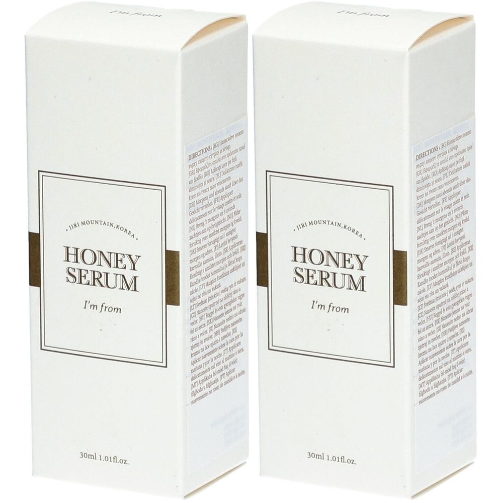 Zwei weiße Kartons mit Aufschrift HONEY SERUM, I'm from. Aufschrift: 30ml 1.01fl.oz. Braune Akzente.