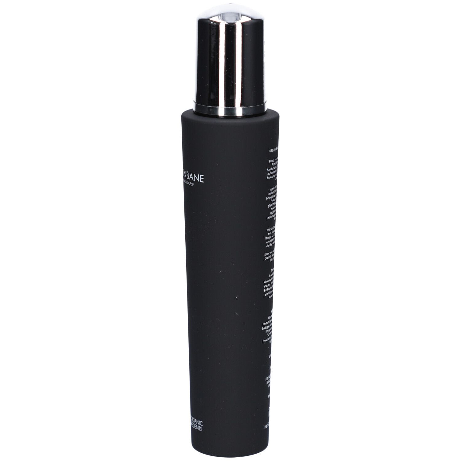 Schwarze Flasche mit silbernem Deckel. Text in Weiß. Produktname nicht erkennbar. Aufschrift in mehreren Sprachen.