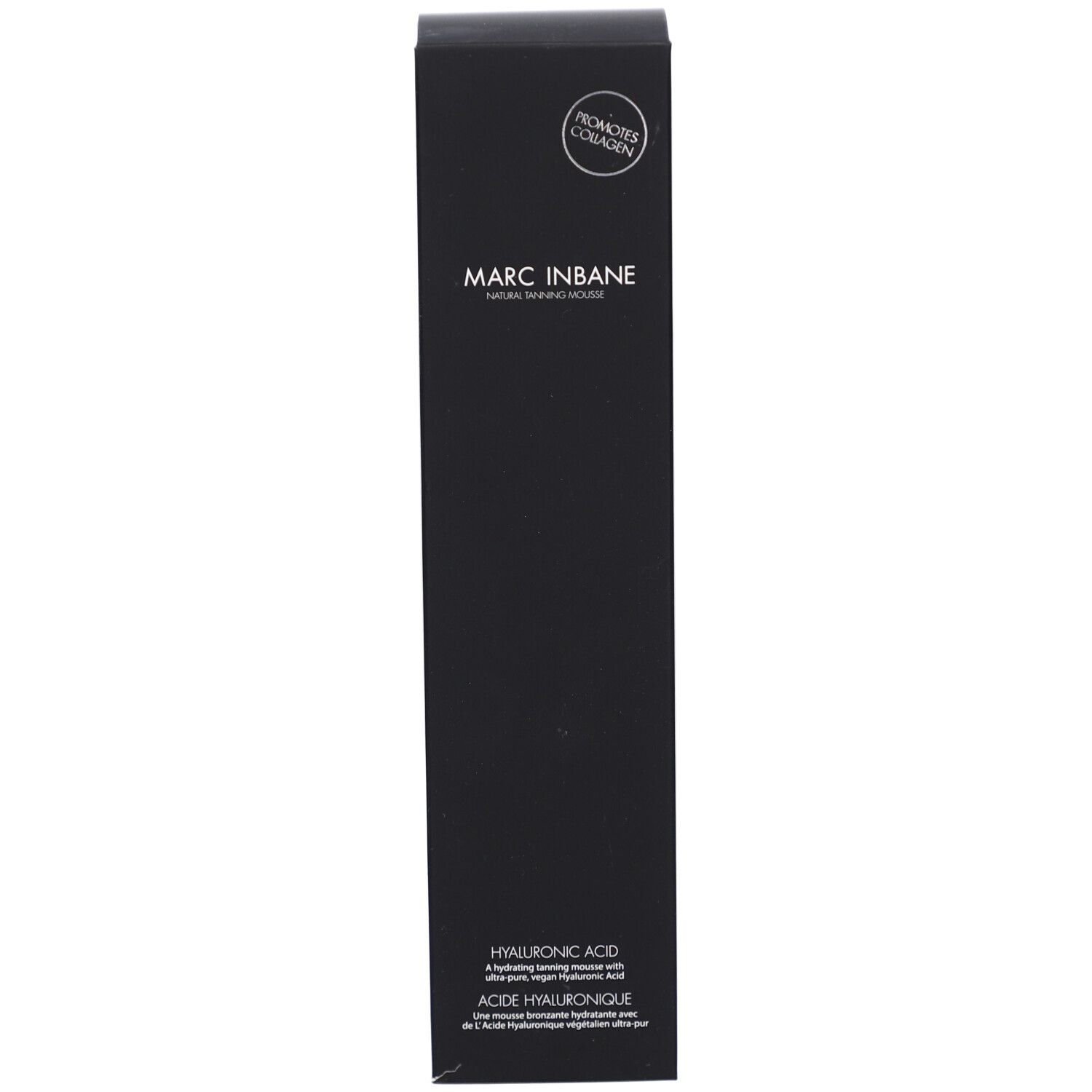 Schwarze Verpackung mit Text. Aufschrift: MARC INBANE NATURAL TANNING MOUSSE. Mit Logo.