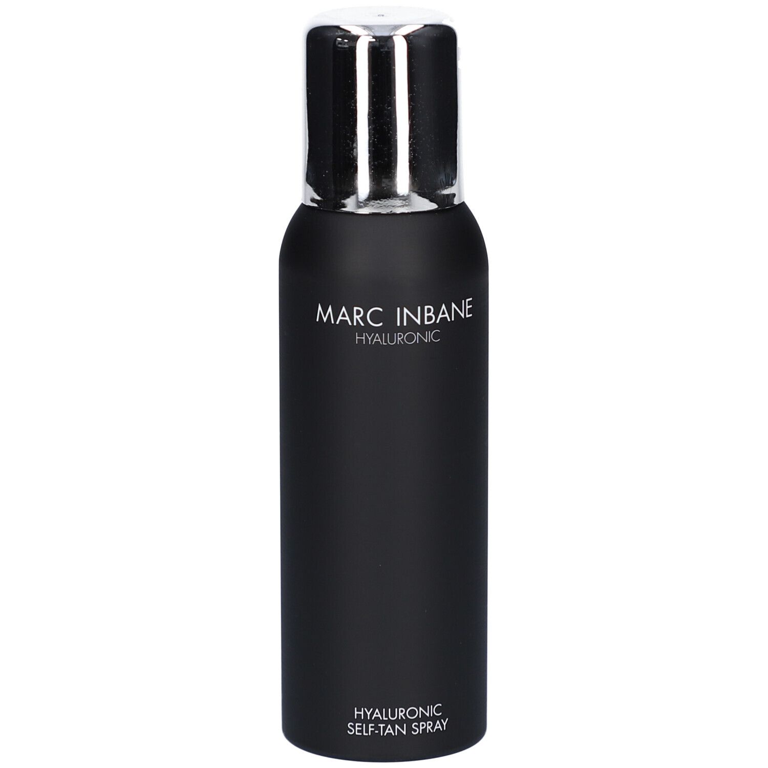 Schwarze Sprühflasche mit silbernem Deckel. MARC INBANE. Hyaluronic. Hyaluronic Self-Tan Spray.