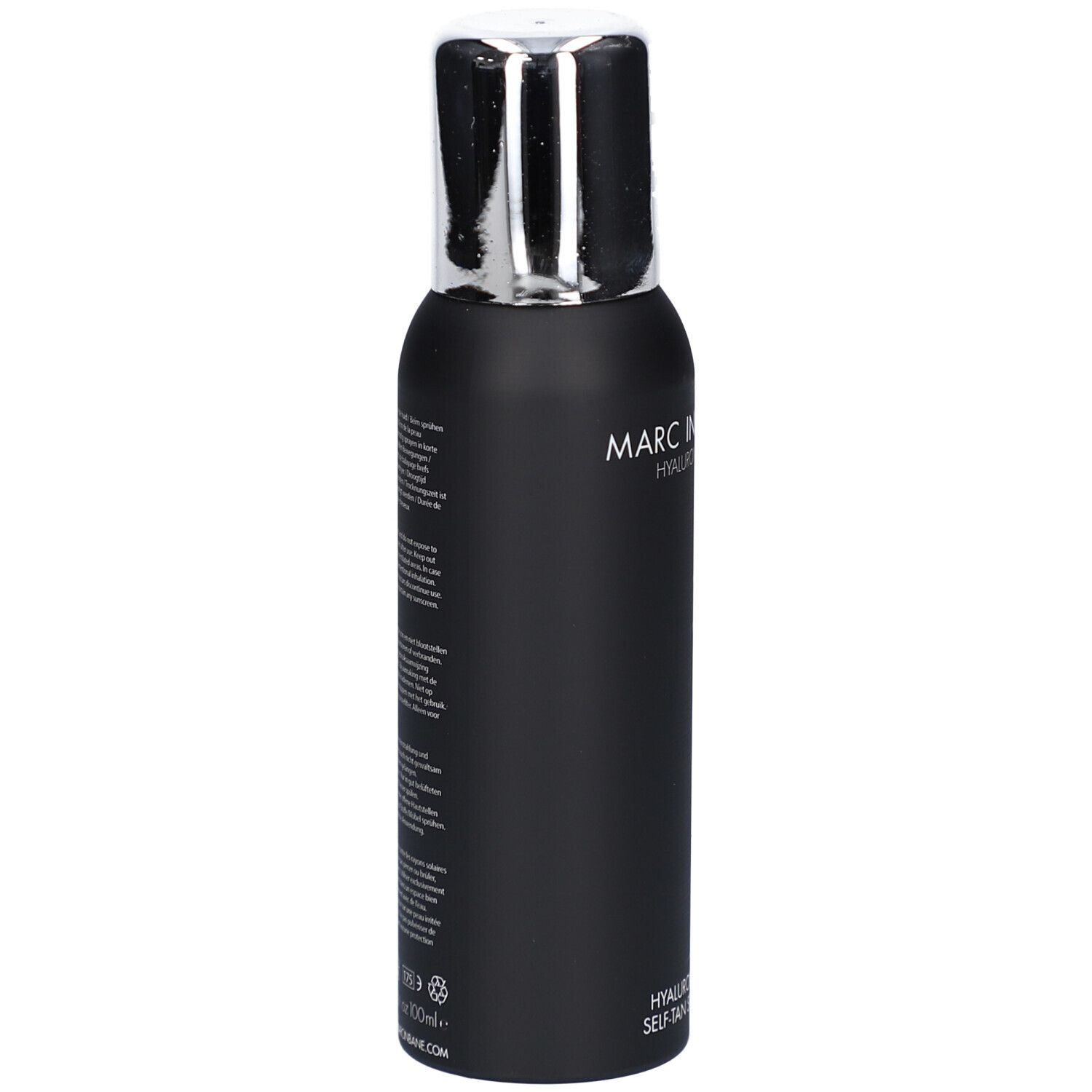 Schwarze Sprühflasche mit silbernem Deckel. Text auf der Flasche. MARC INBANE. Hyaluronic Tanning Spray.