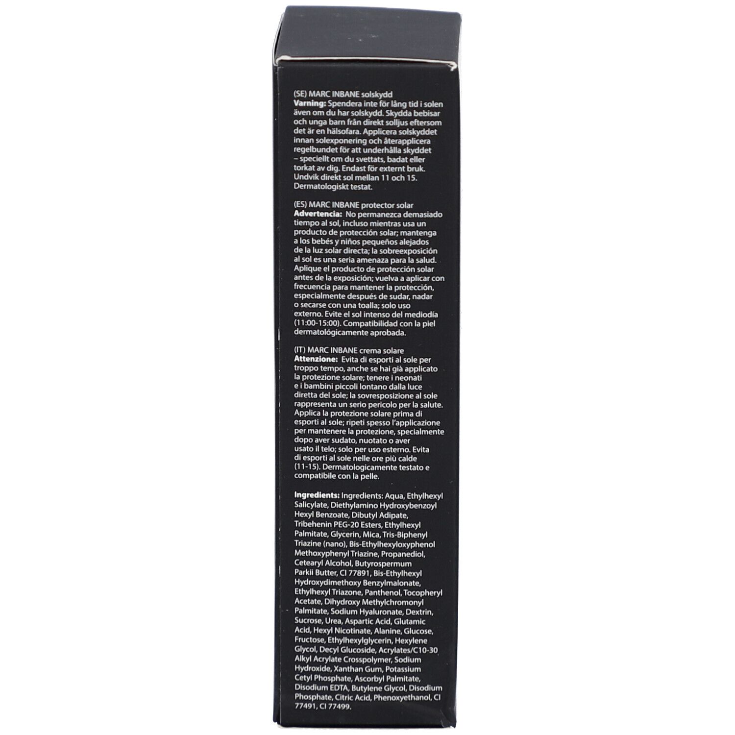 Seite der schwarzen Schachtel. Text in mehreren Sprachen. Enthält Informationen zur Anwendung und Inhaltsstoffen.