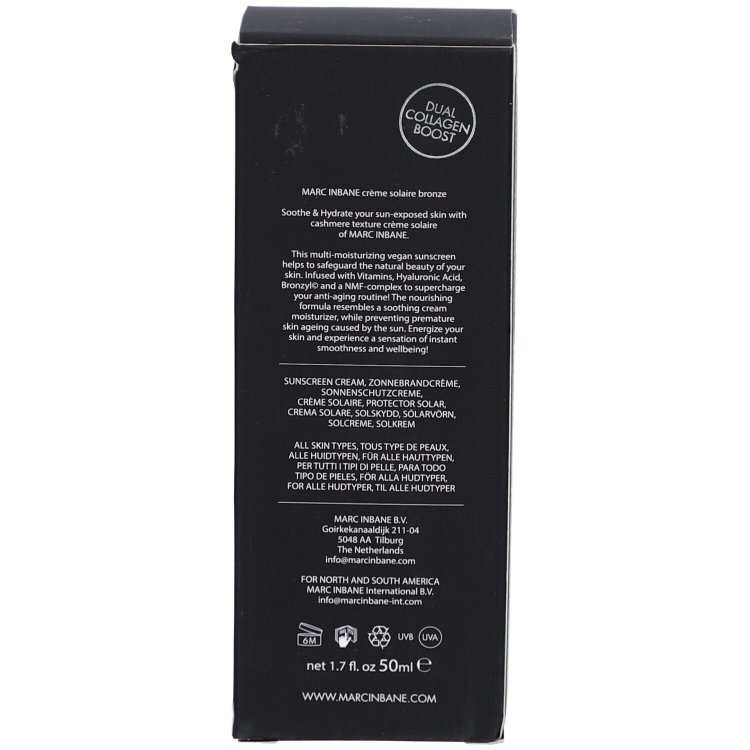 Rückseite der schwarzen Schachtel. Text in mehreren Sprachen. Enthält Informationen zum Produkt und Hersteller.