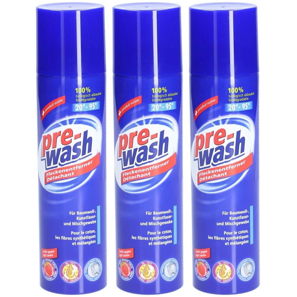 Drei blaue Aerosol-Flaschen mit weißem und rotem Etikett. Aufschrift: pre-wash Fleckenentferner. Text in Deutsch und Französisch.