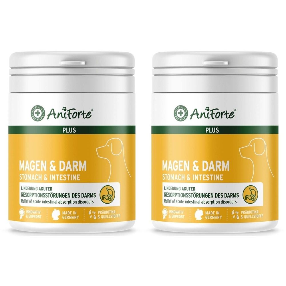 Zwei weiße Dosen mit gelben Etiketten. Aufschrift: AniForte PLUS, Magen & Darm, Relief of acute intestinal absorption disorders. Mit Hund-Silhouette.