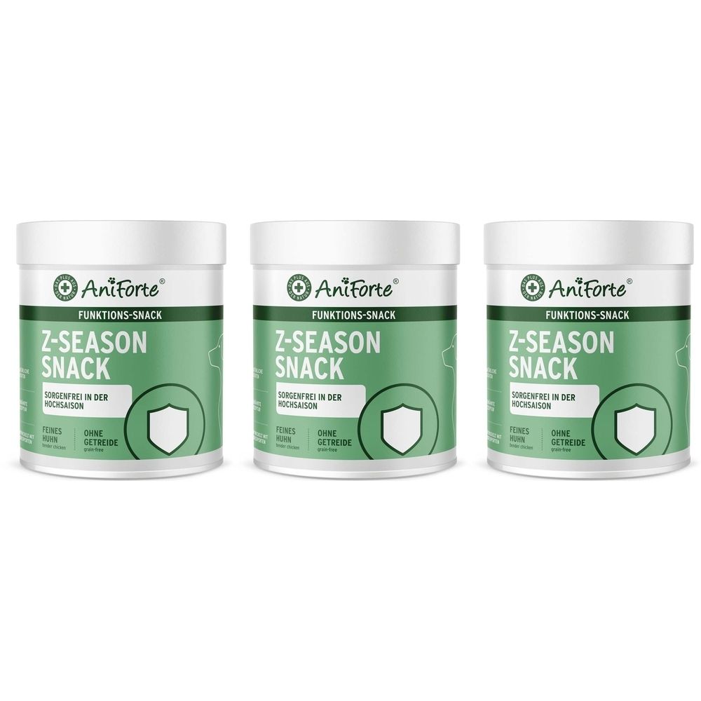 Drei weiße Dosen mit grünem Etikett. Auf dem Etikett steht "AniForte Z-SEASON SNACK".