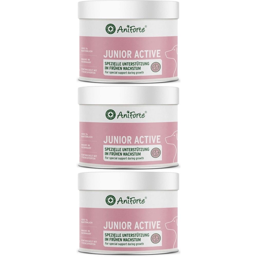 Drei Dosen mit weißem Deckel und rosa Etikett. Aufschrift: AniForte Junior Active. Spezielle Unterstützung im frühen Wachstum.