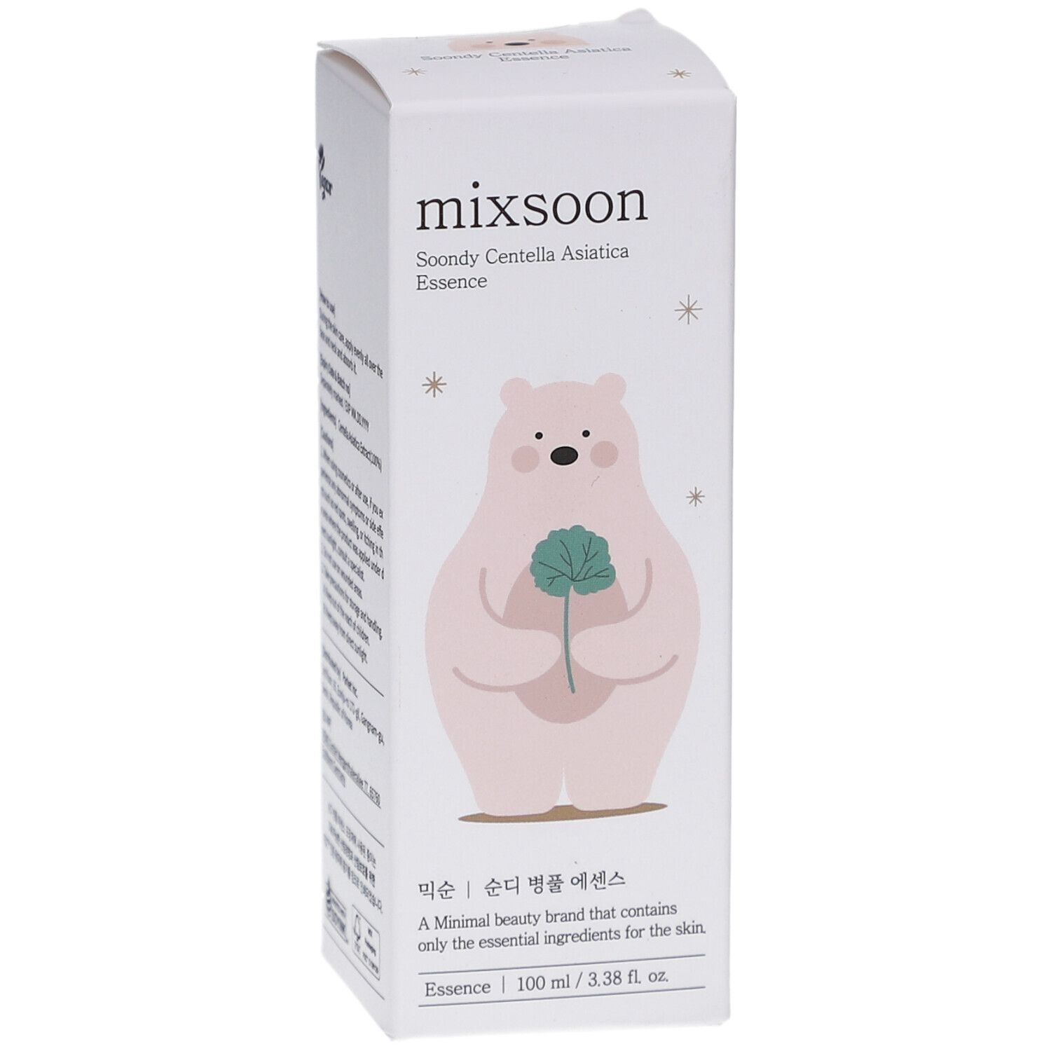 Weiße Box mit Bär-Illustration. Text: mixsoon, Soondy Centella Asiatica Essence. Vegan-Logo.