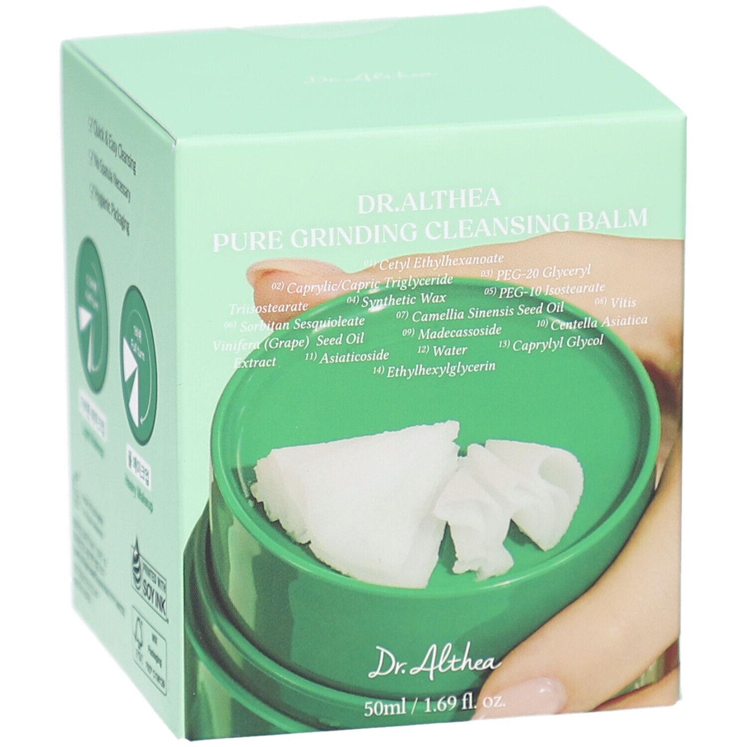 Grüner Behälter mit Produktname und Inhaltsstoffen. Nettoinhalt 50ml/1.69 fl.oz. Dr. Althea.