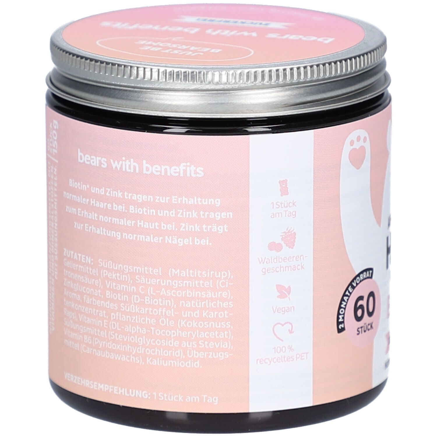 Rückseite der Dose. Text: Biotin und Zink für Haare und Nägel. Zutatenliste. 60 Stück. 100% recyceltes PET.