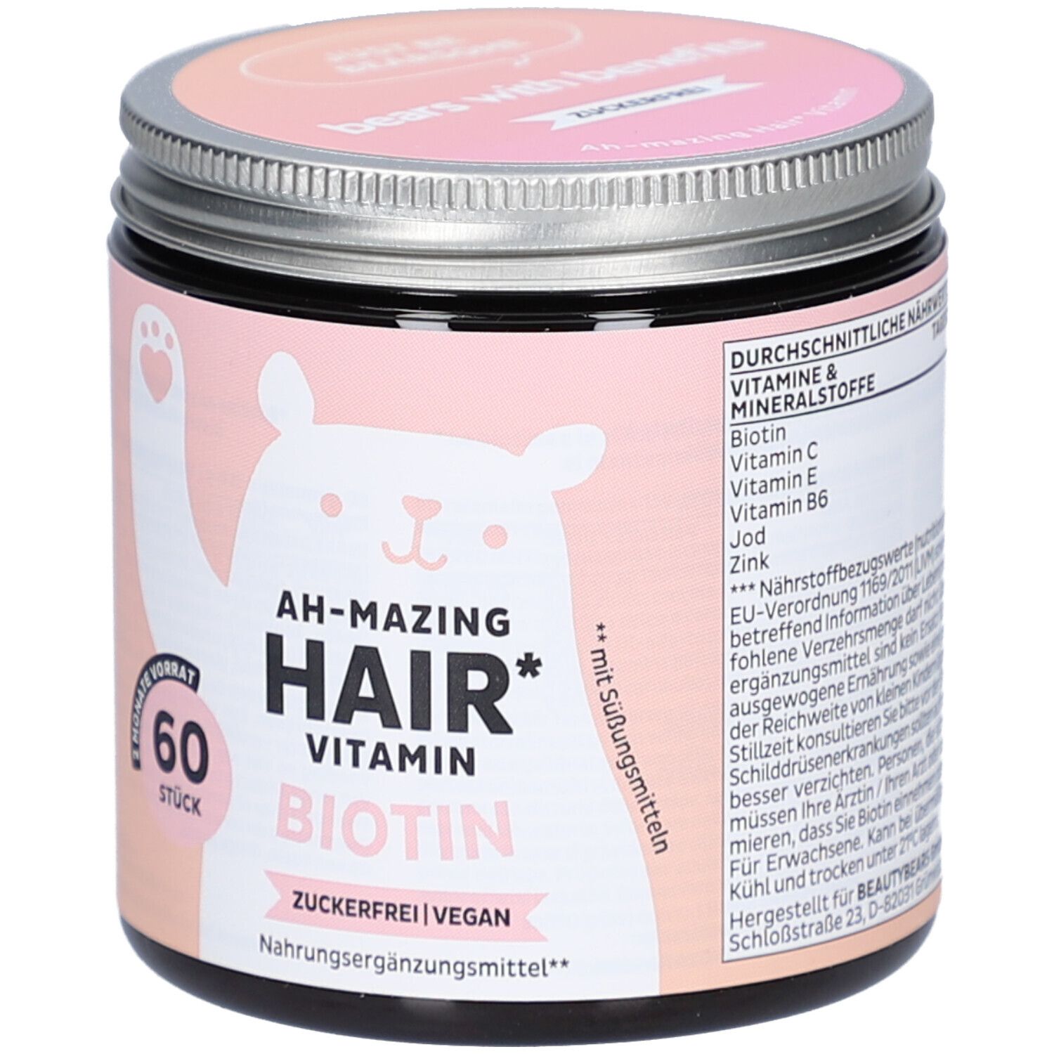 Dose mit Vitaminen. Aufschrift: AH-MAZING HAIR VITAMIN BIOTIN. 60 Stück. Bär-Illustration. Zuckerfrei, vegan.