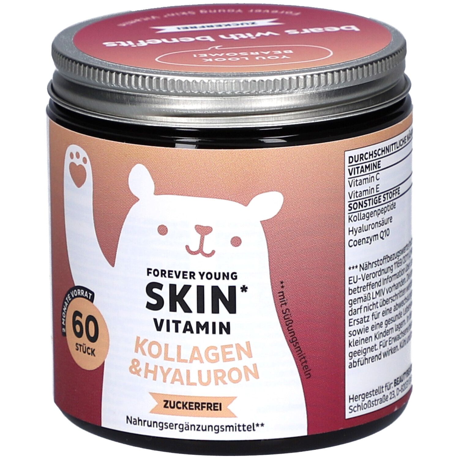 Dose mit Deckel. Aufdruck: Forever Young Skin Vitamin, Kollagen & Hyaluron, zuckerfrei. 60 Stück. Bär-Illustration.
