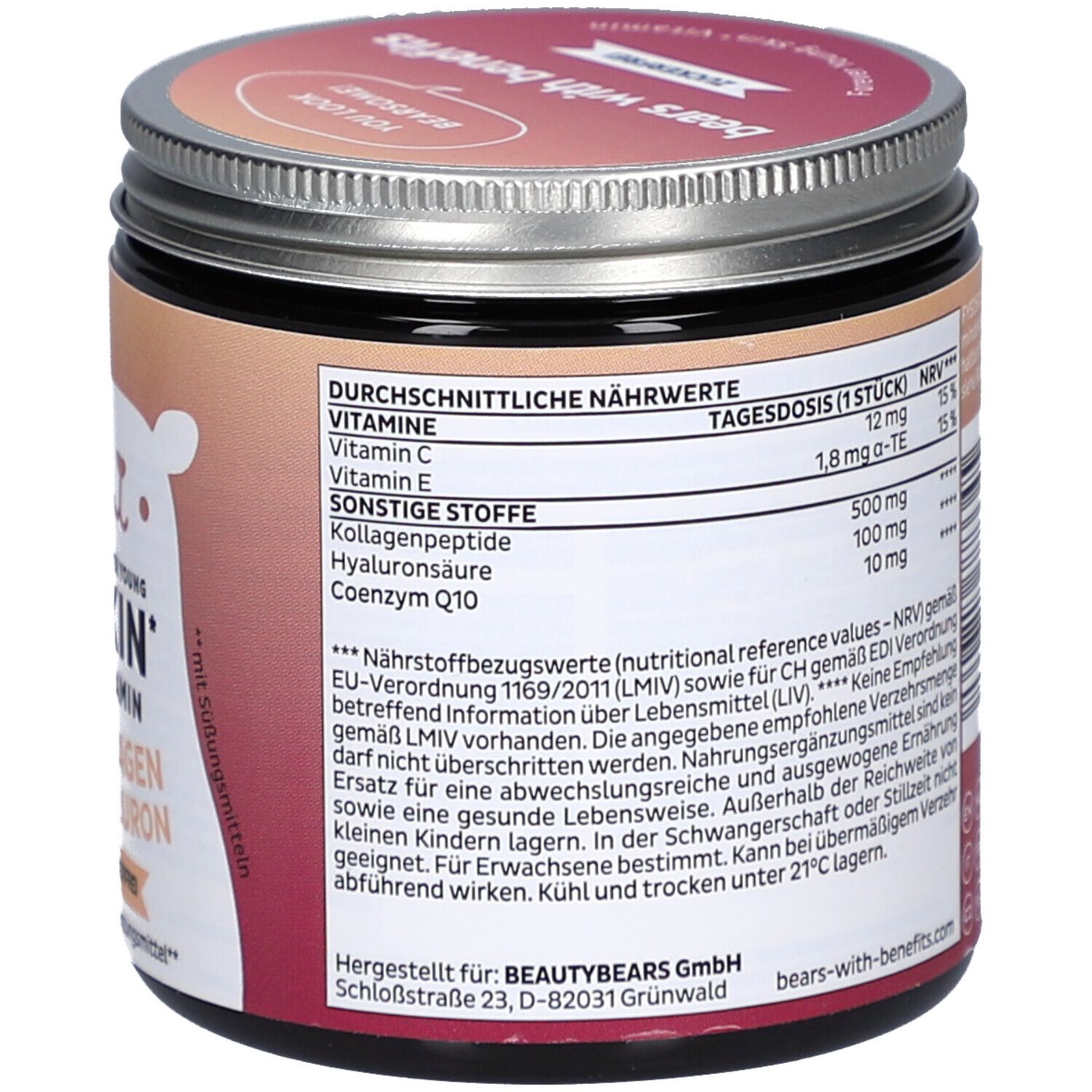 Dose mit Deckel. Rückseite mit Nährwertangaben, Inhaltsstoffen, Hersteller. Text in Deutsch.