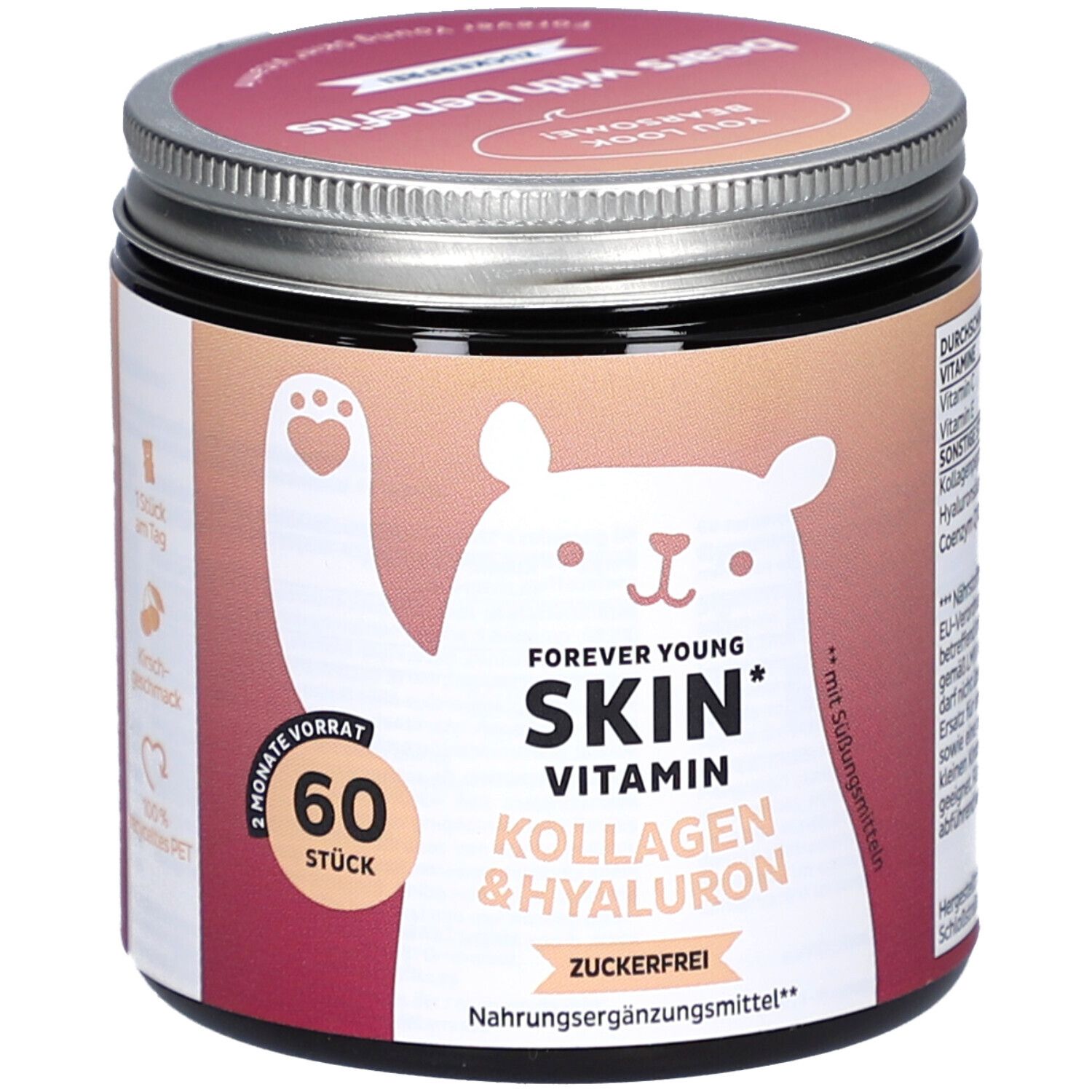 Dose mit Deckel. Aufdruck: Forever Young Skin Vitamin, Kollagen & Hyaluron, zuckerfrei. 60 Stück. Bär-Illustration.