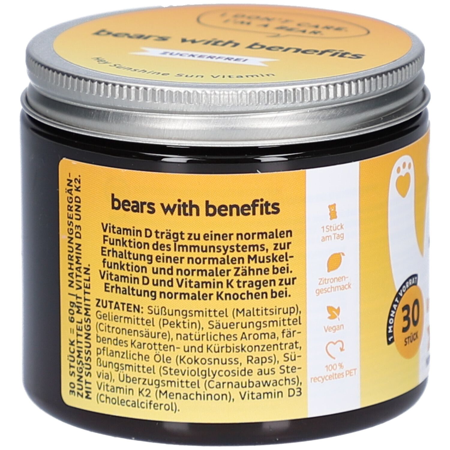 Dose mit Deckel. Aufschrift: bears with benefits. Zutatenliste und Nährwertangaben. 30 Stück. Vegan. 100% recyceltes PET.