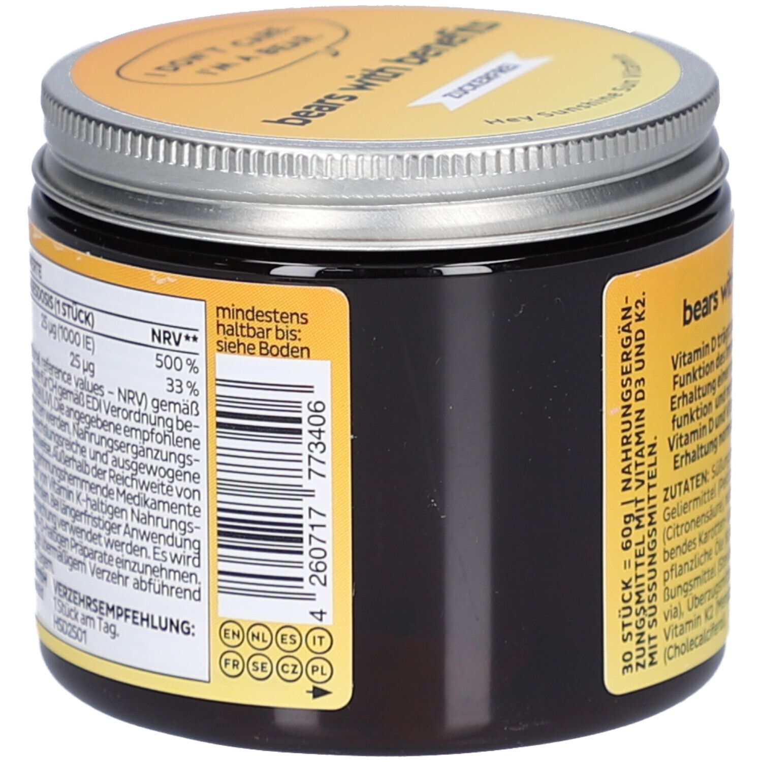 Dose mit Deckel. Aufschrift: bears with benefits. Barcode und Nährwertangaben. Mindestens haltbar bis: siehe Boden. Mehrsprachig.