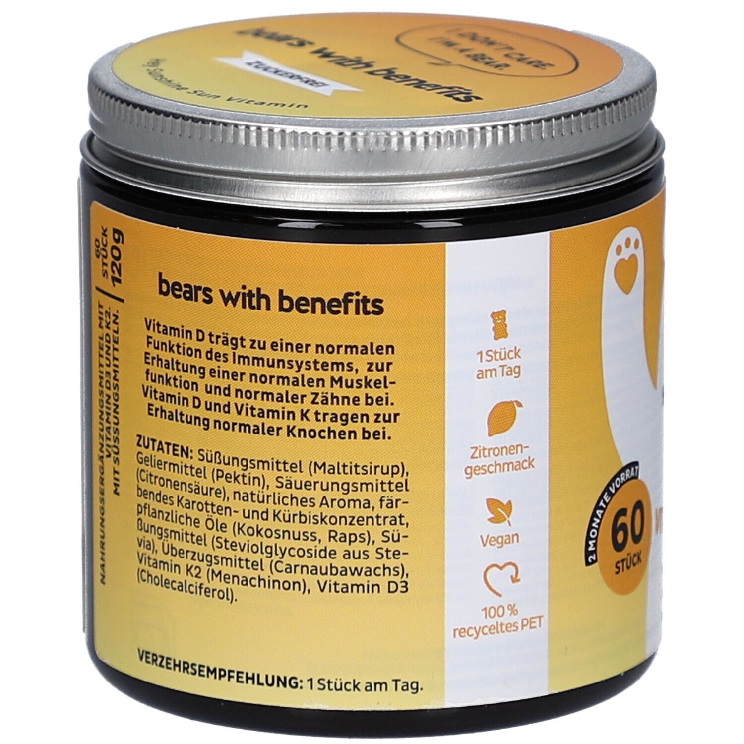 Gelbes Glas mit Deckel. Rückseite mit Text. Zutaten, Verzehrempfehlung. 100% recyceltes PET. 60 Stück. Vegan. Zitronengeschmack.