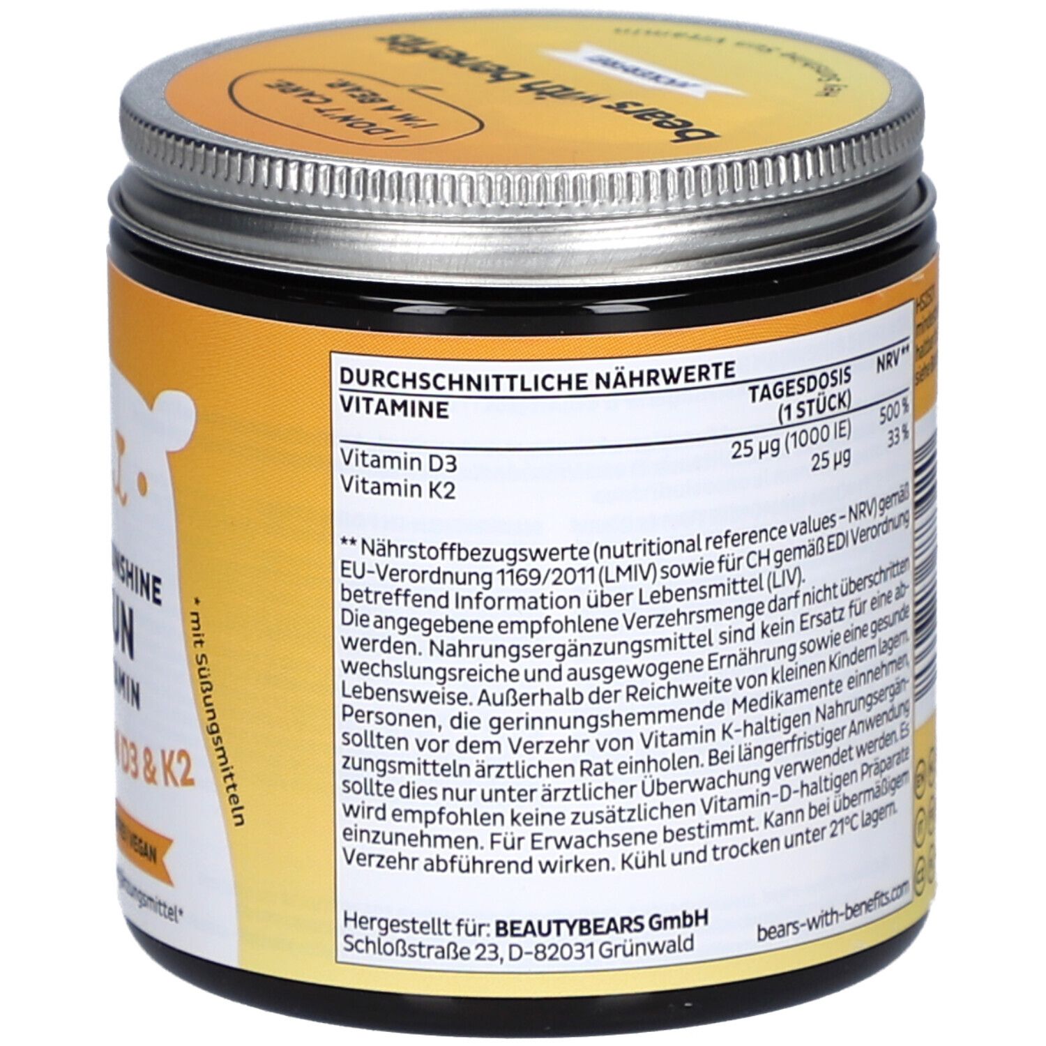 Gelbes Glas mit Deckel. Rückseite mit Text. Nährwertangaben, Inhaltsstoffe. 120g. 60 Stück. Vegan. Mit Süßungsmitteln.