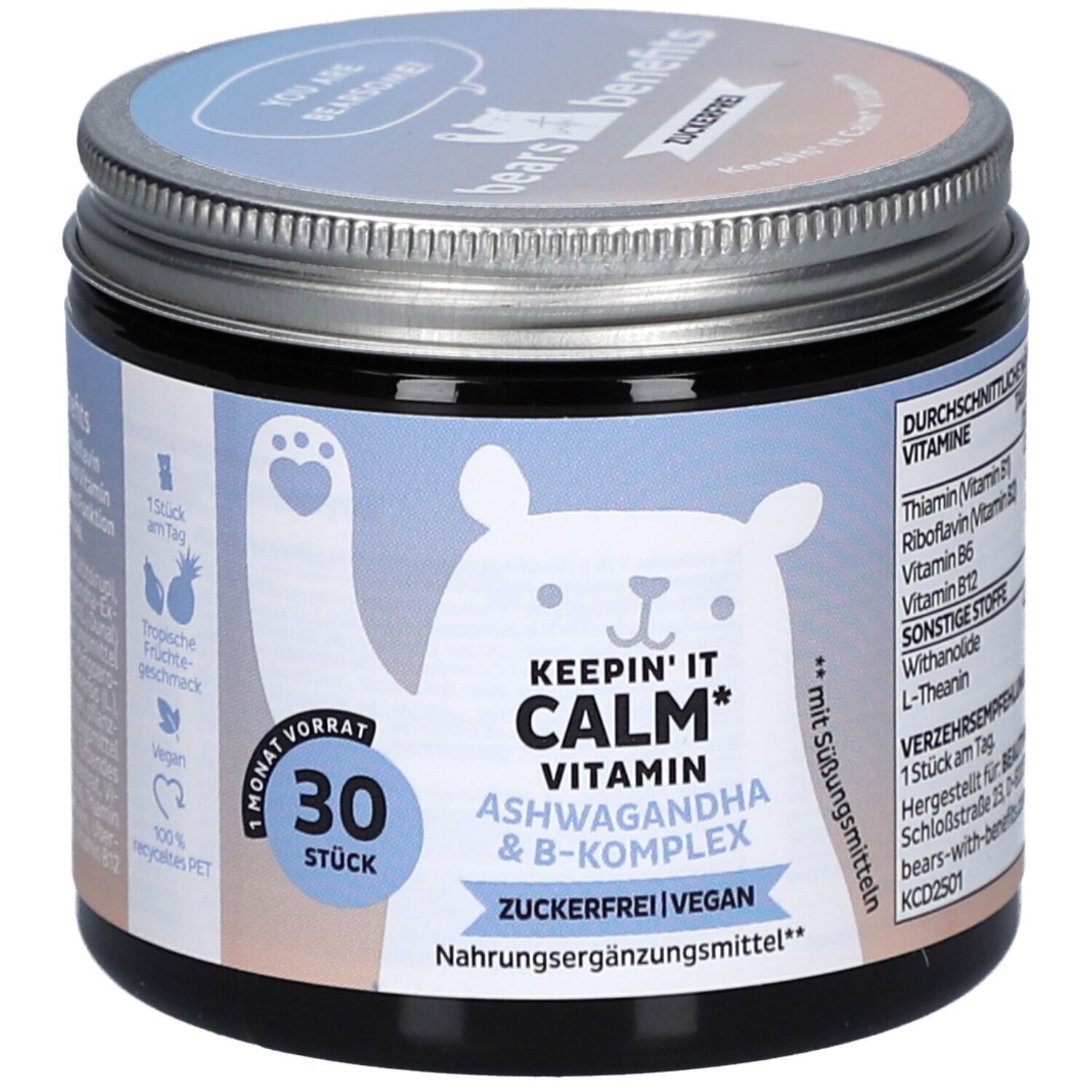Dose mit Deckel. Aufschrift: KEEP'IN IT CALM Vitamin Ashwagandha & B-Komplex. 30 Stück. Vegan. Zuckerfrei. Nahrungsergänzungsmittel.