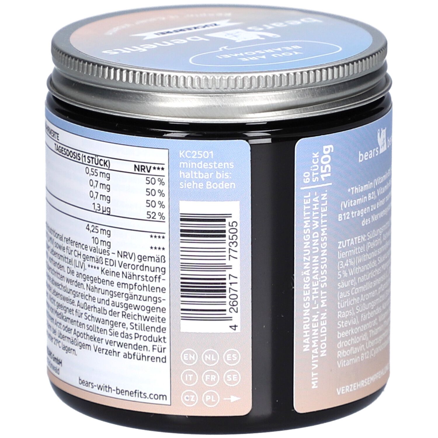 Dose mit Deckel. Seitenansicht mit Nährwertangaben und Mindesthaltbarkeitsdatum. 150g. Mit Vitaminen und Süßungsmitteln.