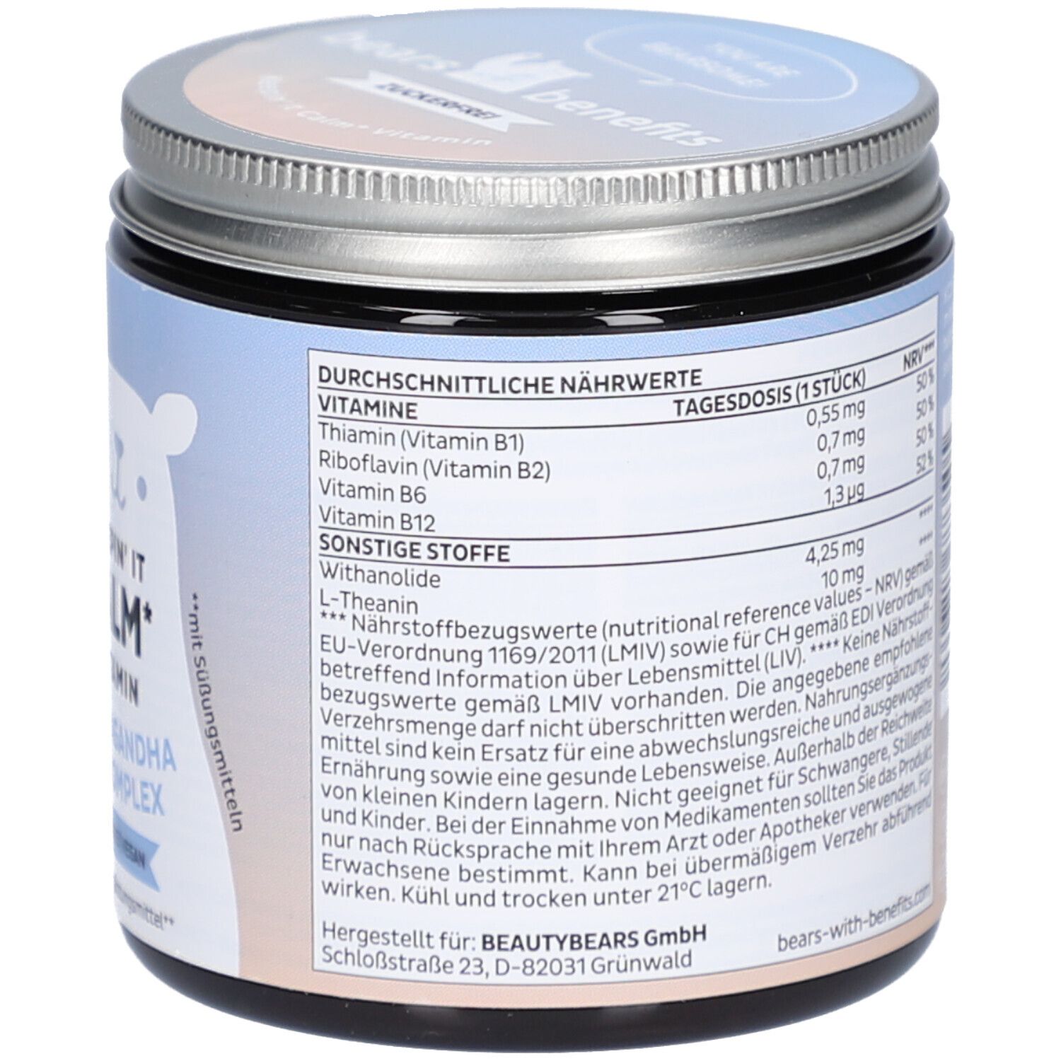 Dose mit Deckel. Seitenansicht mit Nährwertangaben. Mit Vitaminen und Süßungsmitteln. bears-with-benefits.com. 150g.