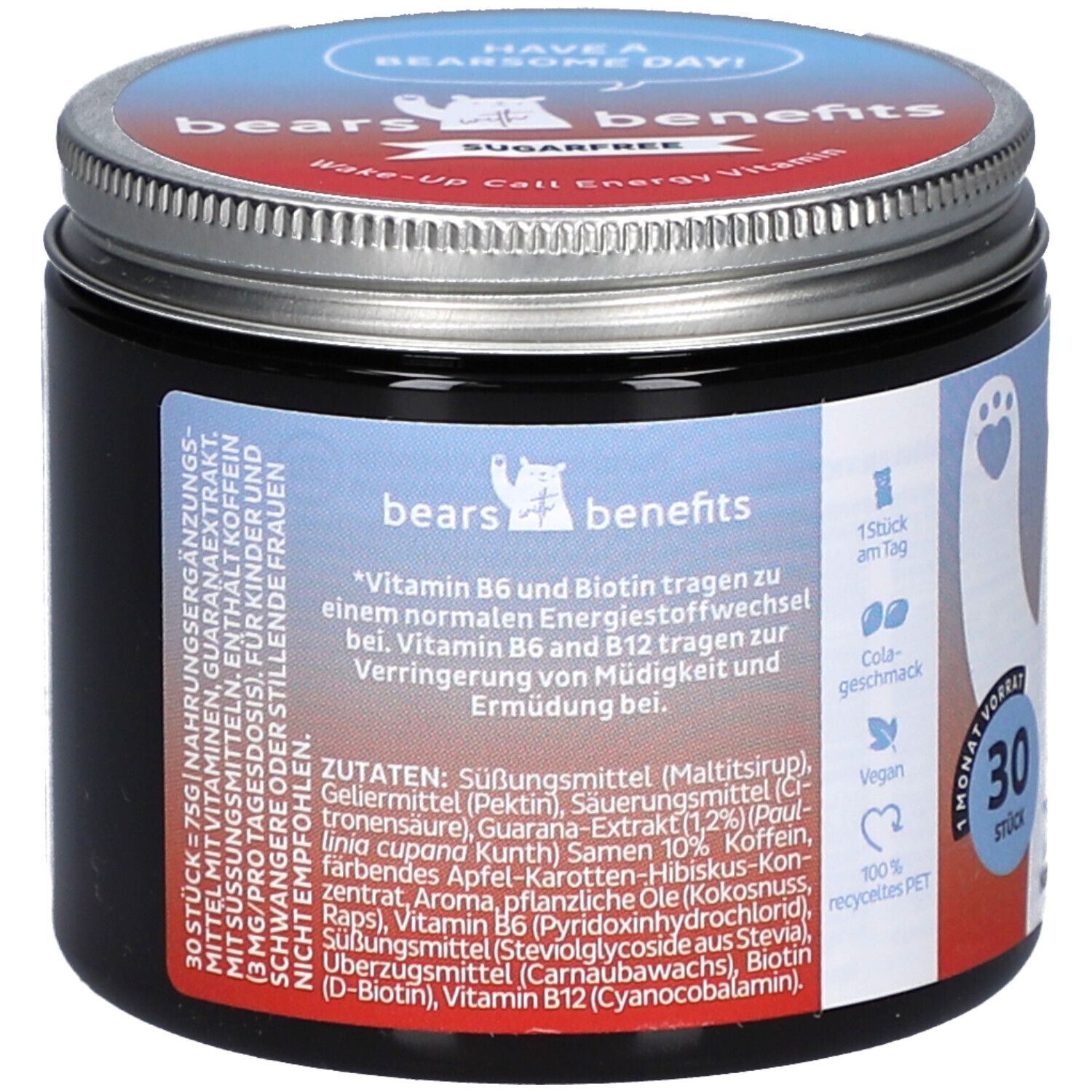 Dose mit "BEAR WITH BENEFITS". Rückseite mit Inhaltsstoffen und Nährwertangaben. 30 Stück. Vegan. 100% recyceltes PET.