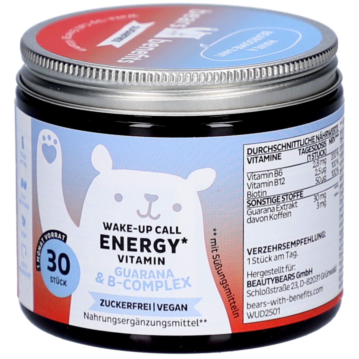 Dose mit "BEAR WITH BENEFITS" und "Wake-up Call Energy" Schriftzug. Enthält 30 Stück. Vegan, zuckerfrei. Mit B-Komplex und Guarana.