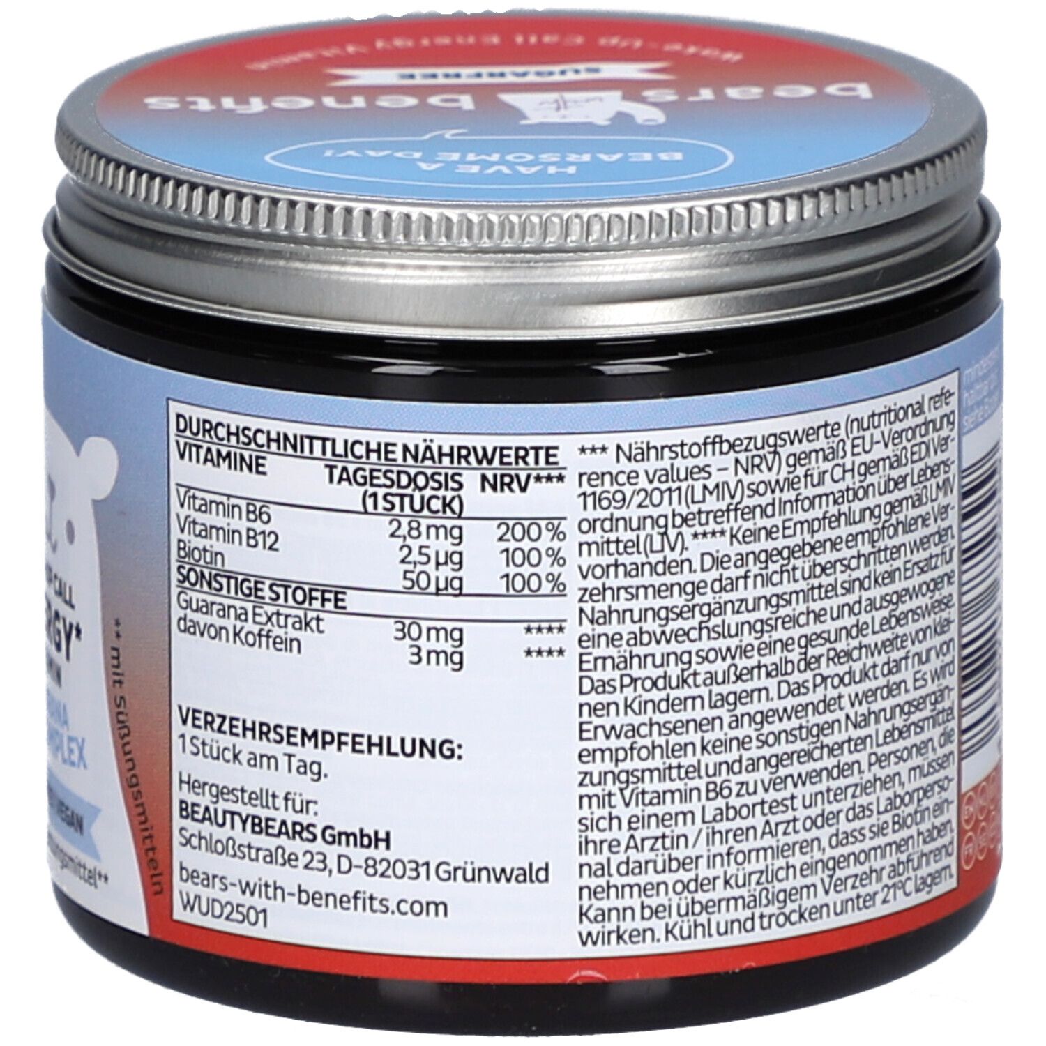 Dose mit "BEAR WITH BENEFITS". Rückseite mit Nährwertangaben. Enthält Vitamine B6, B12, Biotin. 1 Stück pro Tag.