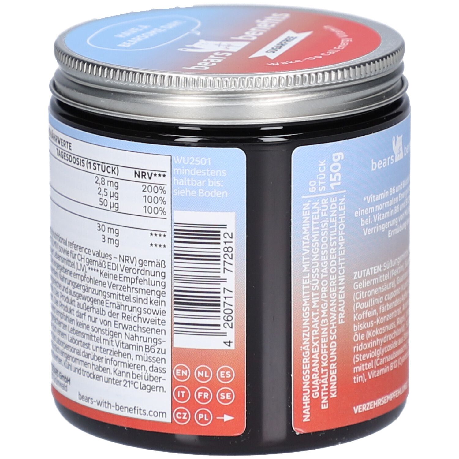 Dose mit "BEAR WITH BENEFITS"-Logo. Rückseite mit Nährwertangaben und Inhaltsstoffen. Enthält 150g. Barcode und Website-Adresse: bears-with-benefits.com.