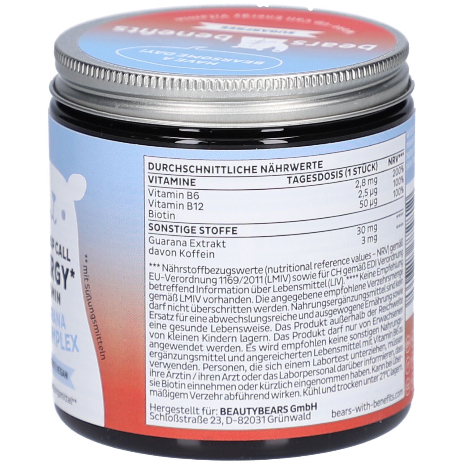 Dose mit "BEAR WITH BENEFITS"-Logo. Rückseite mit Nährwertangaben und Inhaltsstoffen. Enthält 150g. Herstelleradresse: BEAUTYBEARS GmbH.