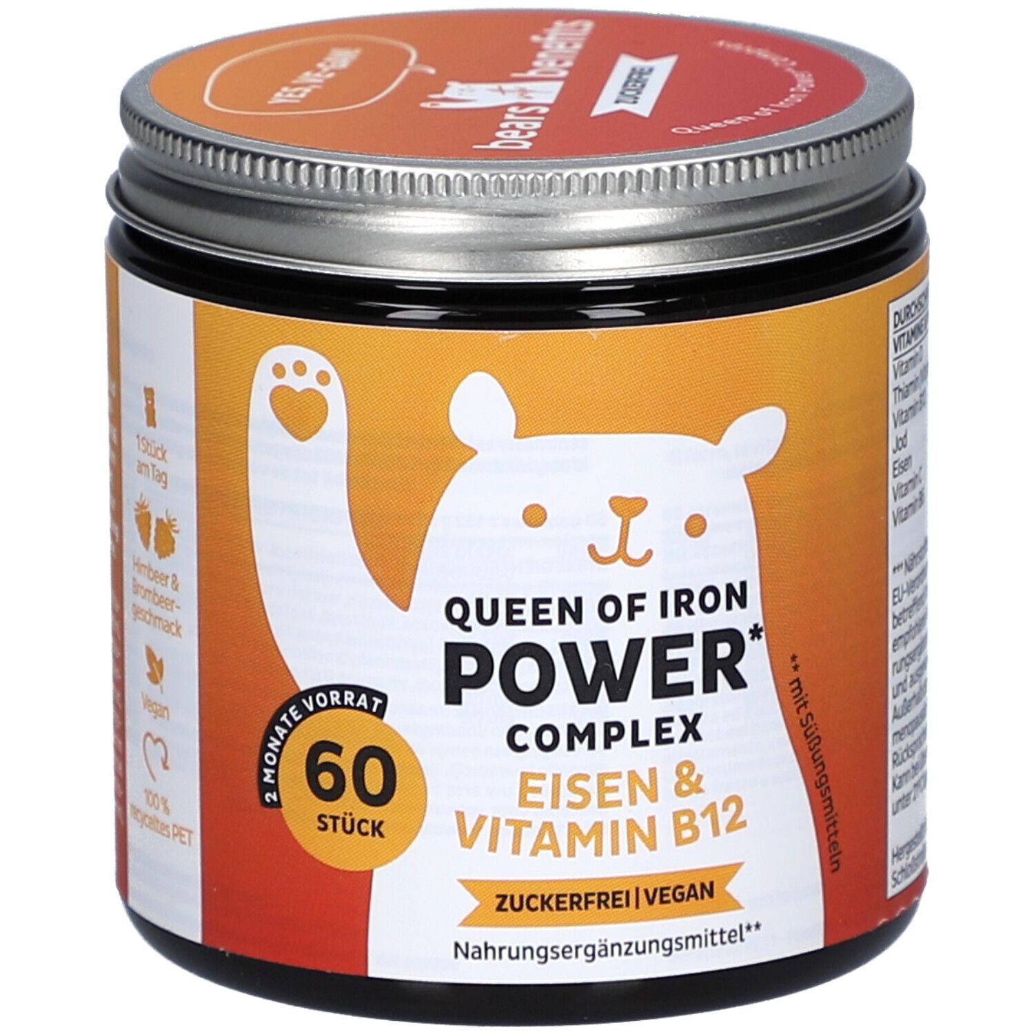 Dose mit "Queen of Iron Power Complex" und "Eisen & Vitamin B12". Orange-weißes Etikett mit Bär-Illustration. 60 Stück.