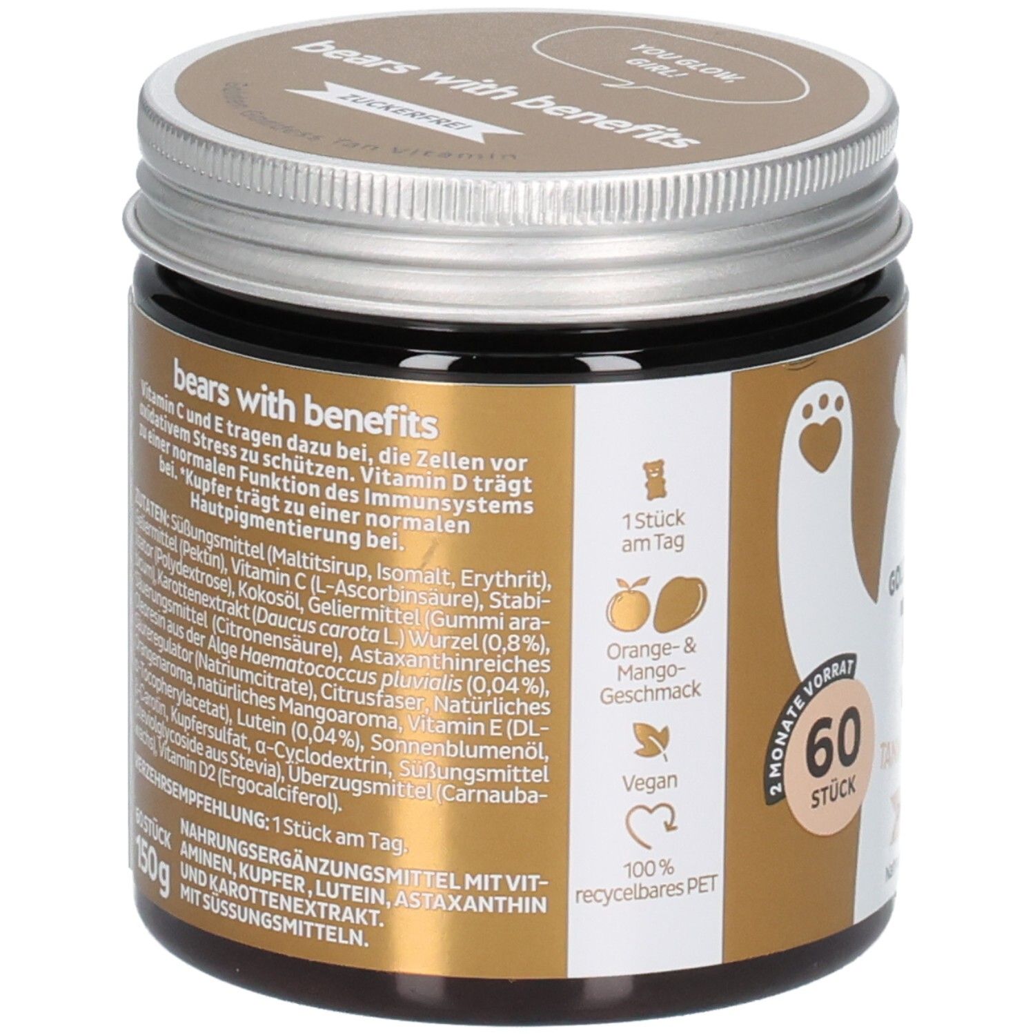 Rückseite des Bears with Benefits Golden Goddess Tan Vitamine Behälters mit Zutatenliste und Nährwertangaben.