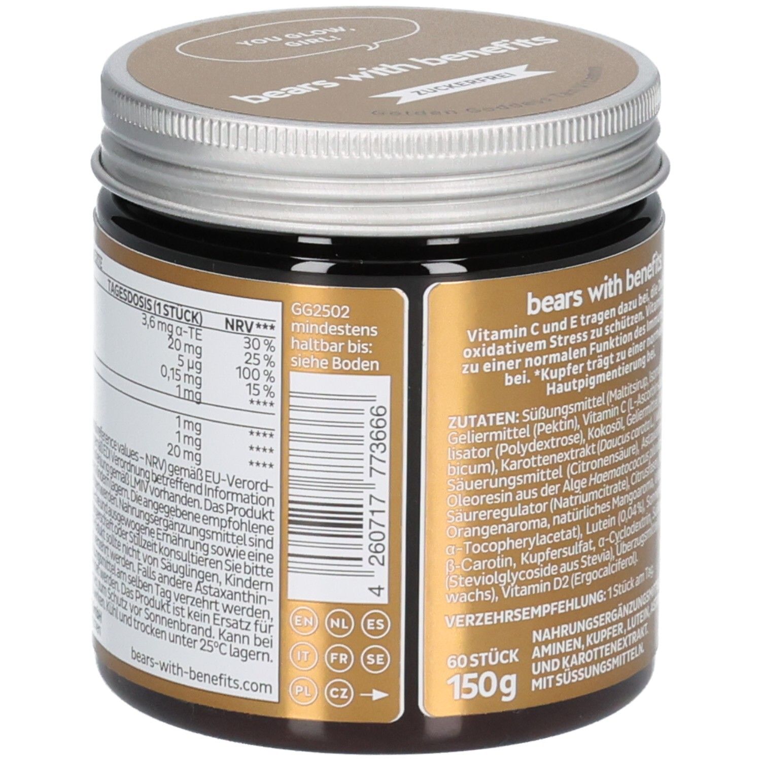 Seitenansicht des Bears with Benefits Golden Goddess Tan Vitamine Behälters mit Nährwerttabelle und Barcode.
