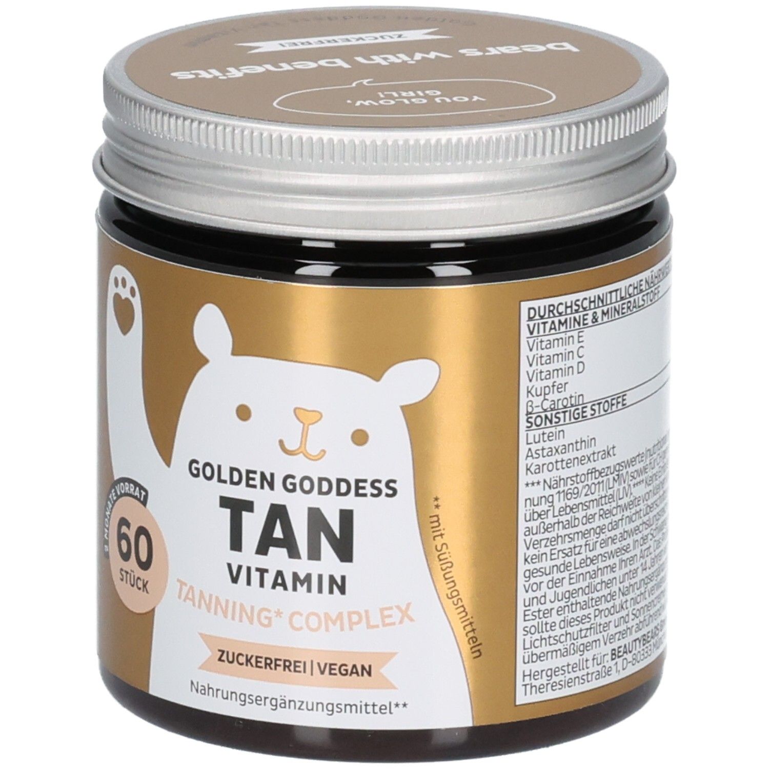 Vorderseite des Bears with Benefits Golden Goddess Tan Vitamine Behälters mit Nährwertangaben und Inhaltsstoffen.