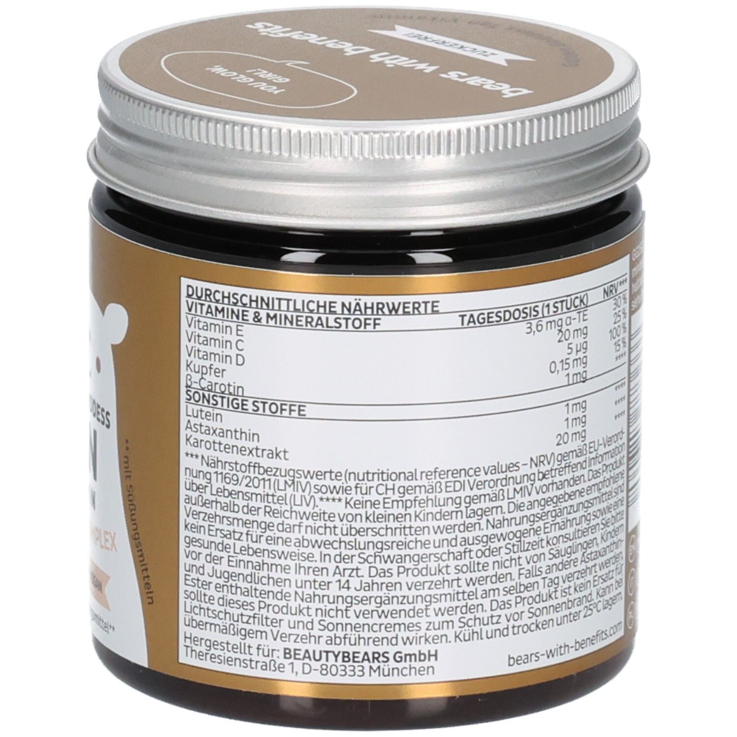 Detailansicht der Nährwerttabelle auf dem Bears with Benefits Golden Goddess Tan Vitamine Behälter.
