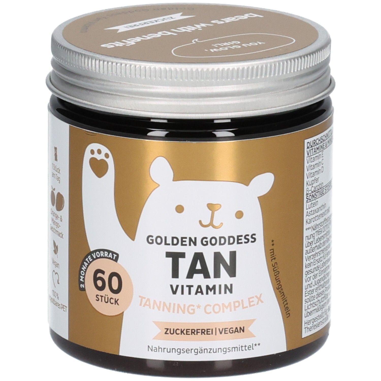 Bears with Benefits Golden Goddess Tan Vitamine: Braunglasbehälter mit 60 Stück, vegan, zuckerfrei, mit Bären-Design.